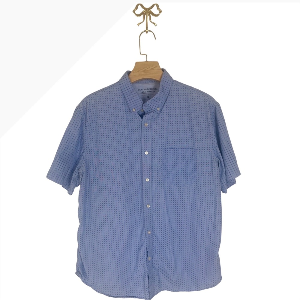 Banana Republic Luxe Poplin Shirt Mens XL Slim Fit Blue Geometric Short Sleeve